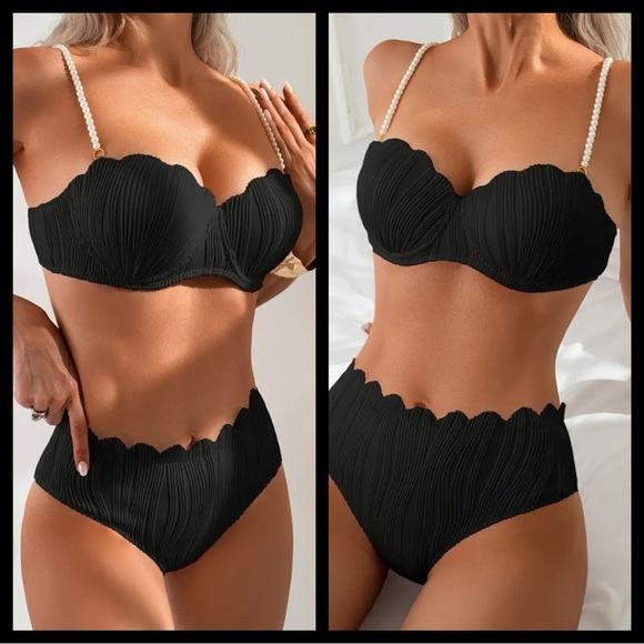 TEXTURED BLACK HIGH WAISTED CHEEKY BIKINI-WHITE FRONT PEARL STRAPS- NEW - Picture 1 of 6